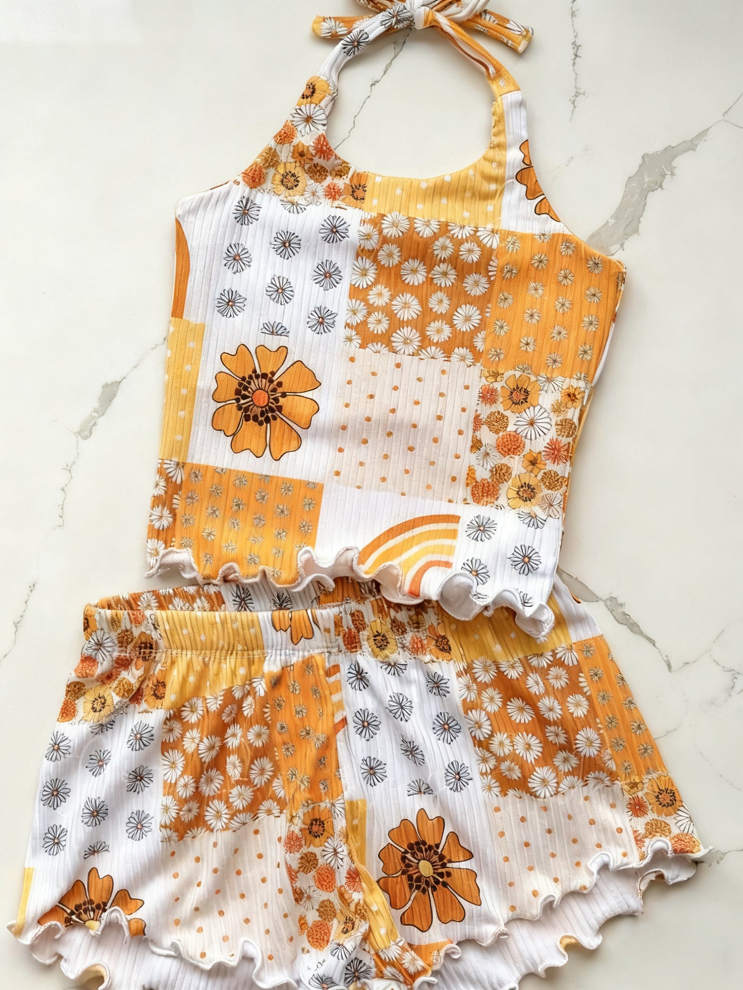 preorder GSSO2889 Flowers Orange Top Shorts Girls Set