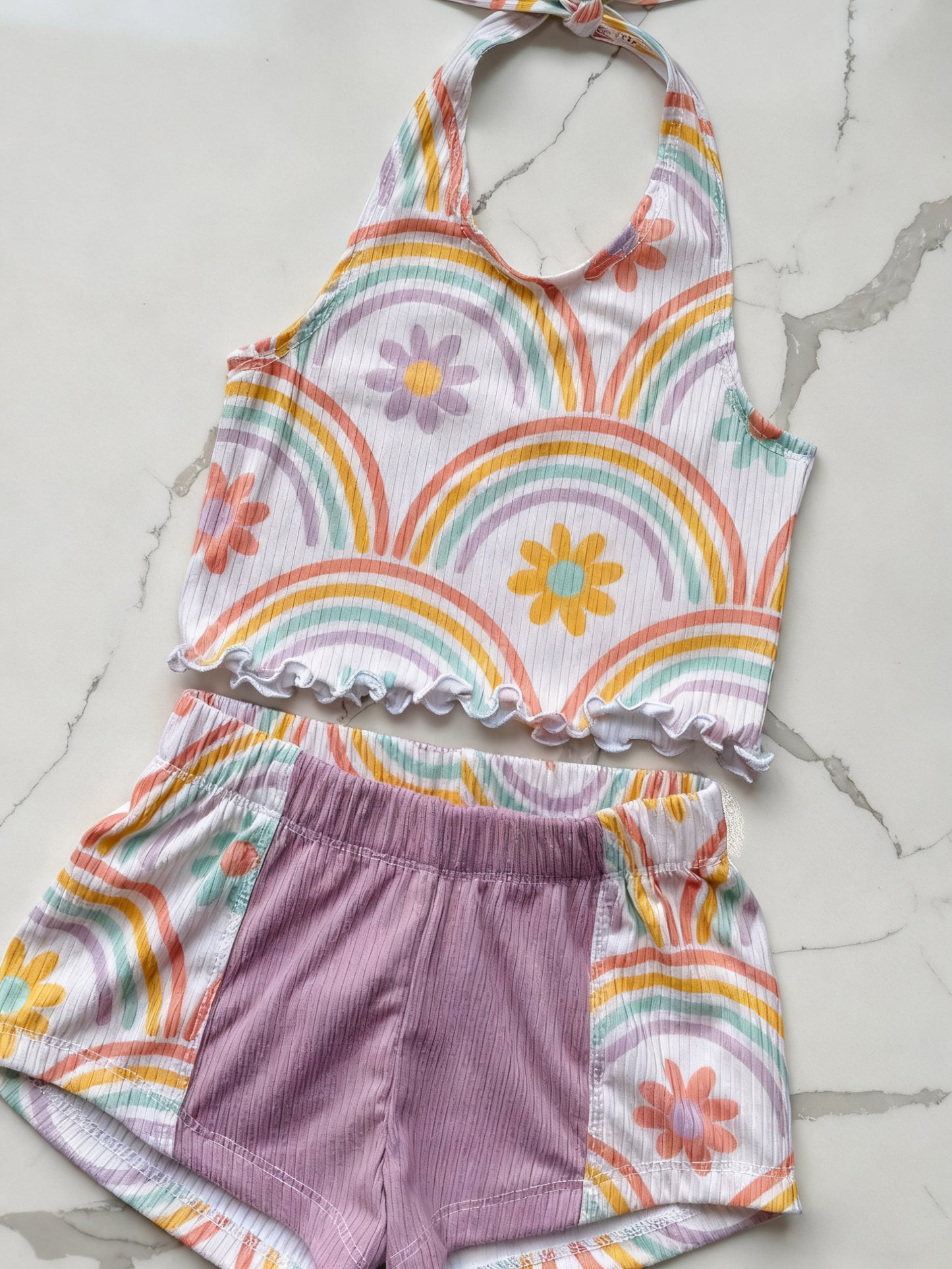 preorder GSSO2890 Flowers Rainbow Top Purple Shorts Girls Set