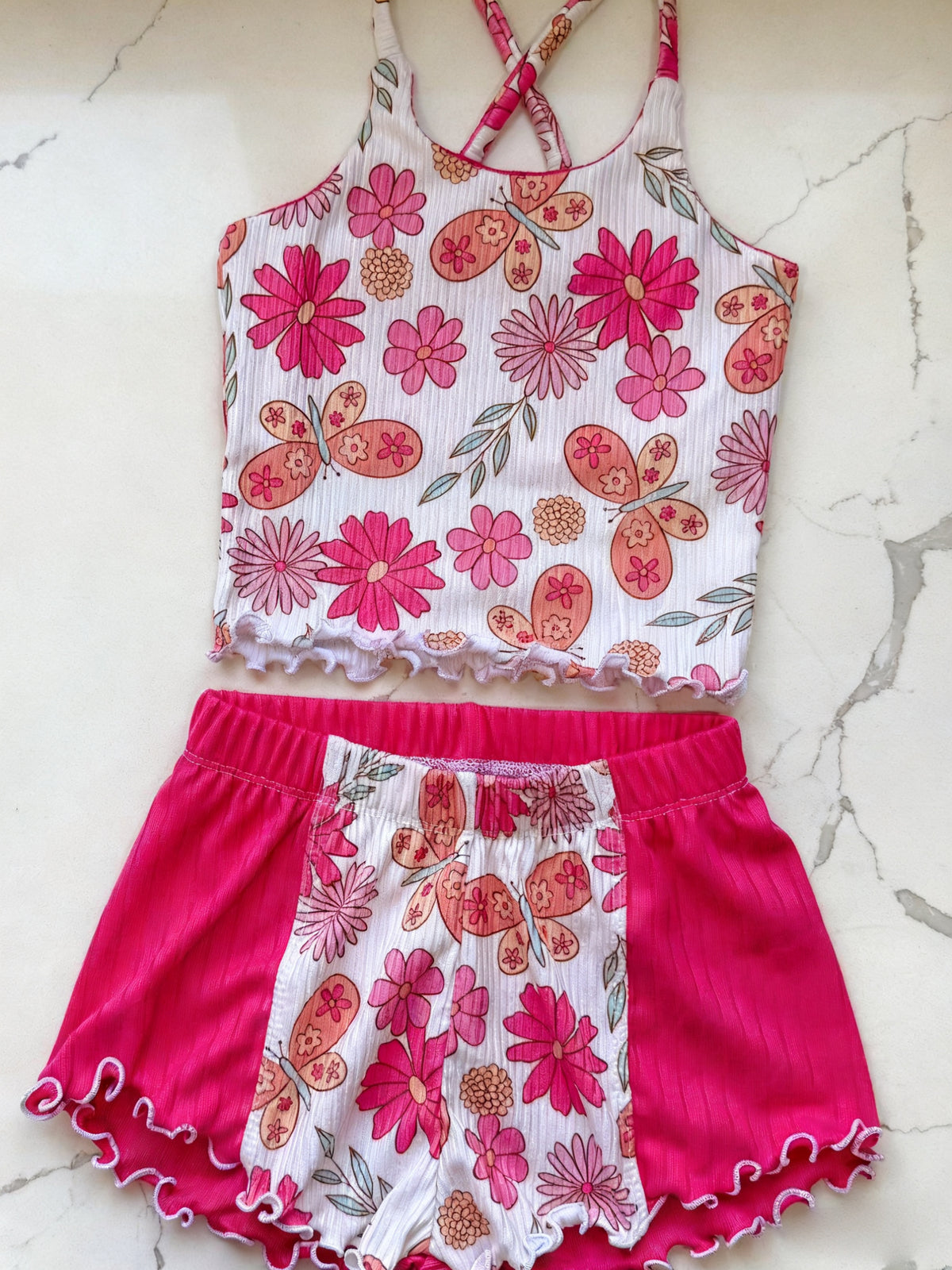 preorder GSSO2891 Butterfly Flowers Top Hot Pink Shorts Girls Set