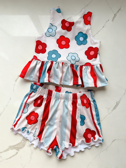preorder GSSO2893 July 4th Flowers Sleeveless Shorts Girls Set
