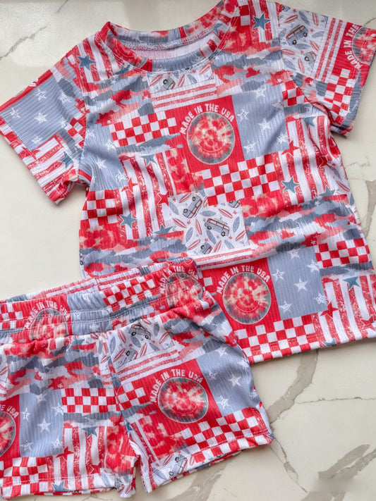 preorder GSSO2894 July 4th Flag Made In The USA Short Sleeve Shorts Girls Set