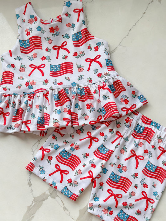preorder GSSO2897 July 4th Bows Flag Flowers Sleeveless Shorts Girls Set