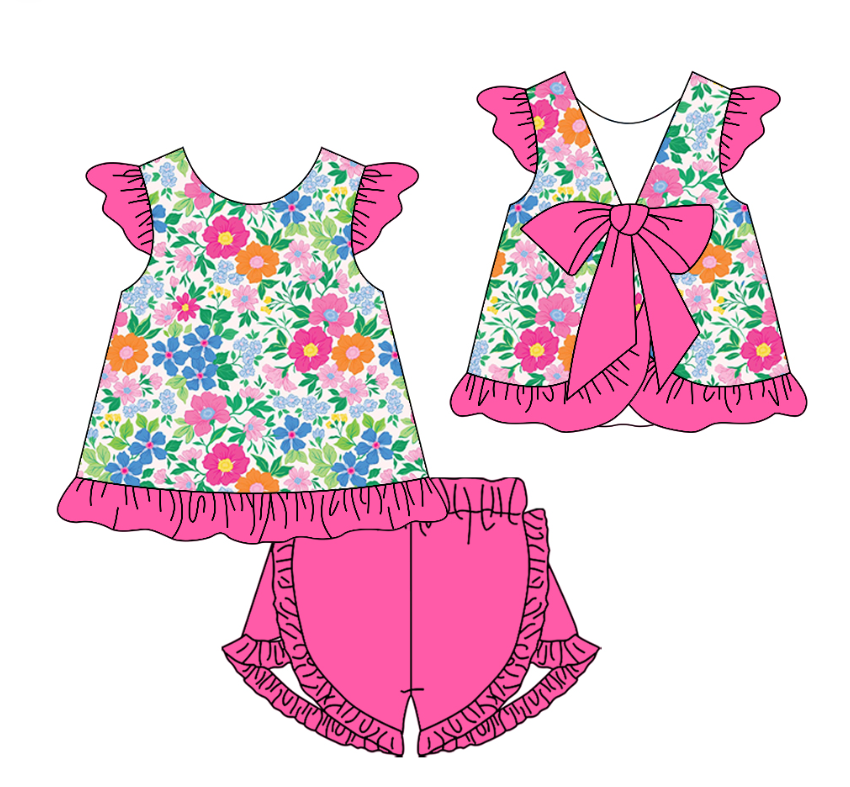 preorder GSSO2901 Flowers Flutter Sleeve Hot Pink Shorts Girls Set