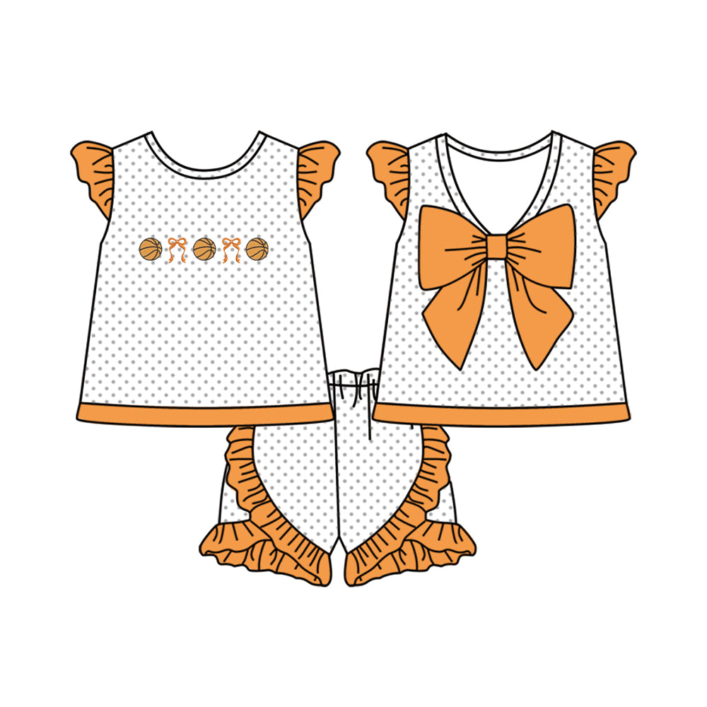 preorder GSSO2902 Basketball Bows Orange Flutter Sleeve Shorts Girls Set