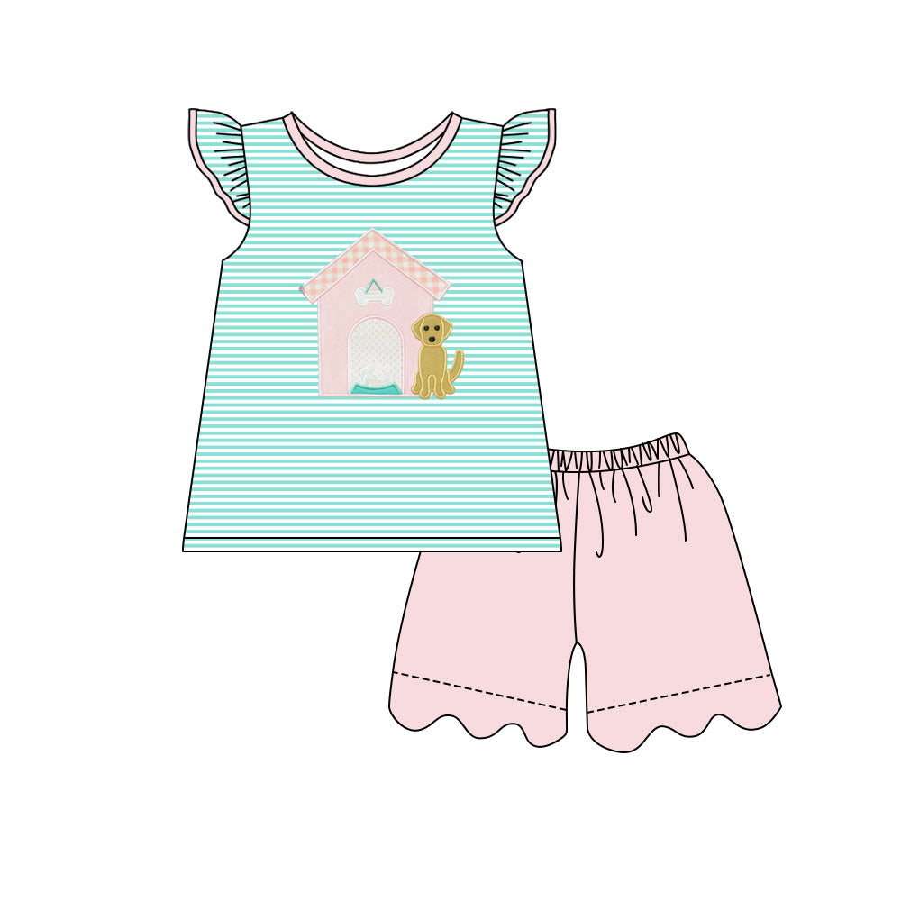 preorder GSSO2904 Cute House Dog Striped Flutter Sleeve Pink Shorts Girls Set