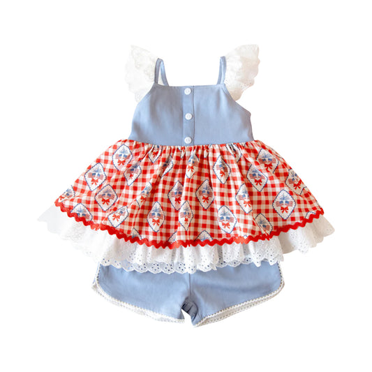 preorder GSSO2909 July 4th Flag Sleeveless Blue Shorts Girls Set