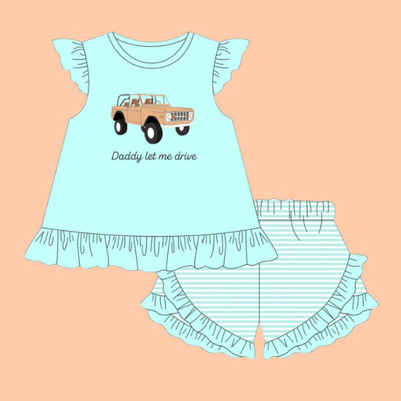 preorder GSSO2910 Daddy Let Me Drive Car Flutter Sleeve Striped Shorts Girls Set