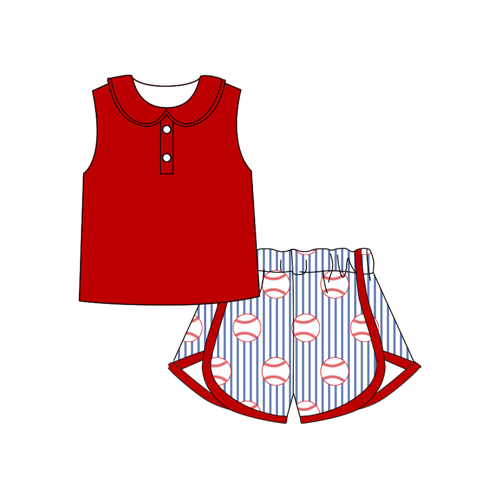 preorder GSSO2921 Red Sleeveless Baseball Blue Striped Shorts Girls Set