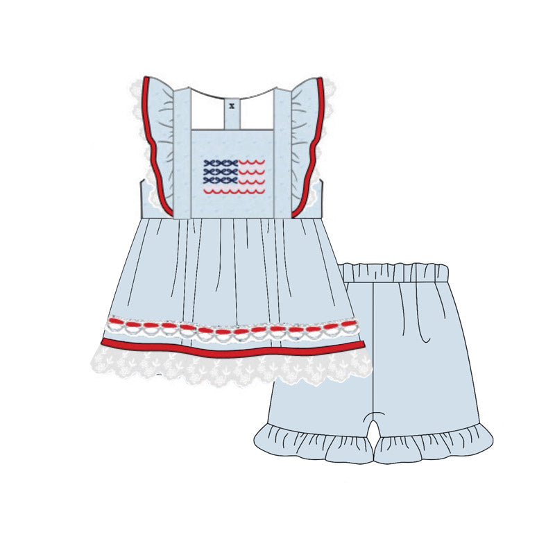preorder GSSO2926 July 4th Flag Blue Flutter Sleeve Shorts Girls Set