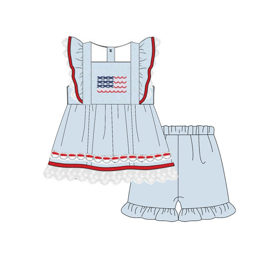 preorder GSSO2926 July 4th Flag Blue Flutter Sleeve Shorts Girls Set
