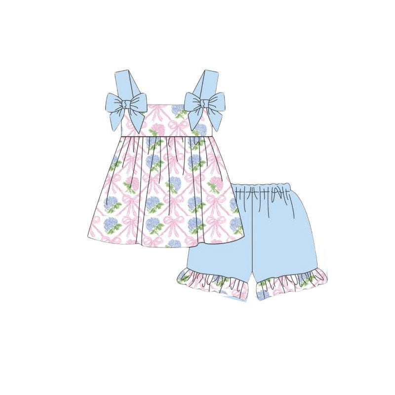 preorder GSSO2930 Flowers Bows Sleeveelss Blue Shorts Girls Set