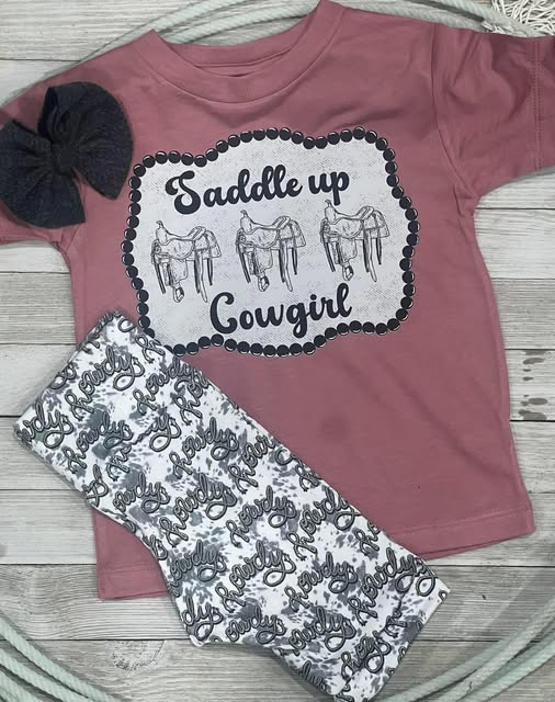 preorder GSSO2943 Saddle Up Cowgirl Short Sleeve Shorts Girls Set