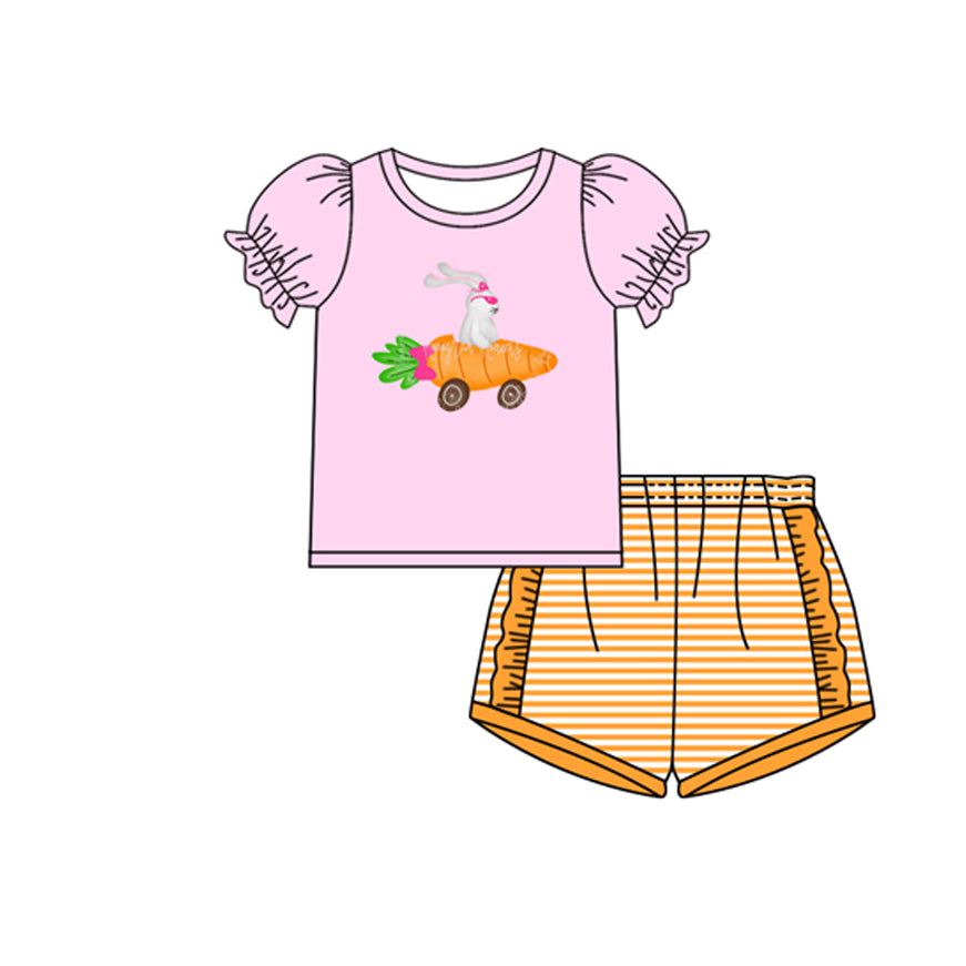 preorder GSSO2960 Easter Rabbit Bunny Carrot Pink Short Sleebe Yellow Striped Shorts Girls Set