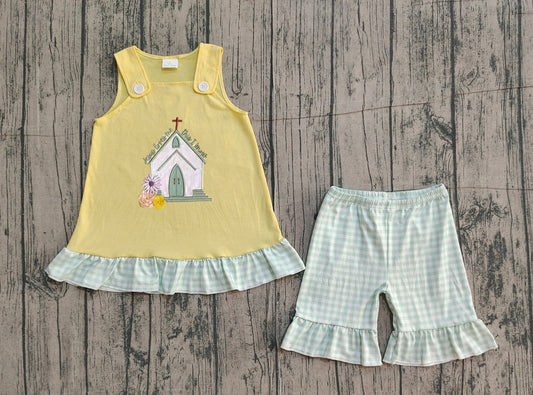 preorder GSSO2966 Easter Cross House Yellow Sleeveelss Shorts Girls Set