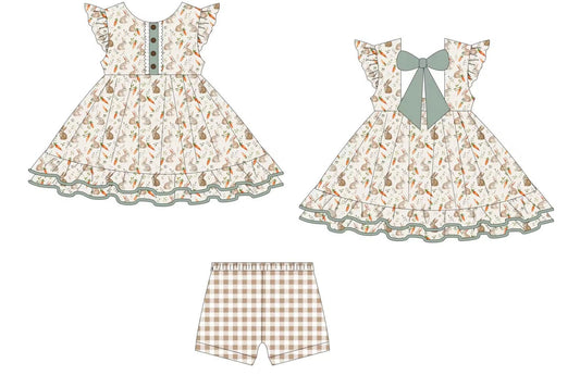 preorder GSSO2980 Easter Bunny Rabbit Carrot Flutter Sleeve Checkered Shorts Girls Set