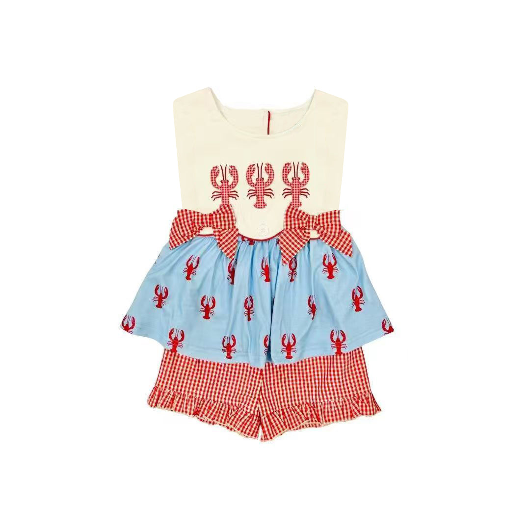 preorder GSSO2982 Crayfish Sleeveless Red Checkered Shorts Girls Set