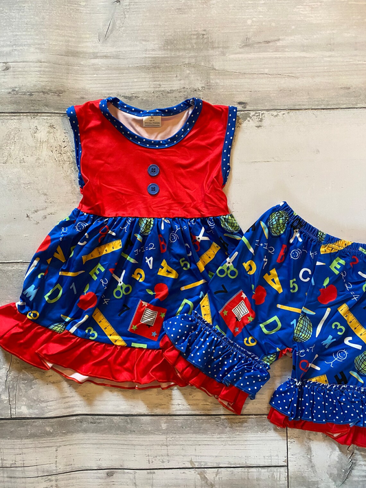 preorder GSSO2983 Back To School Apple Pen Blue Red Sleeveless Shorts Girls Set