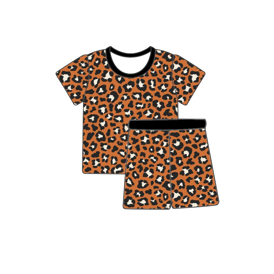 preorder GSSO2987 Leopard Brown Short Sleeve Shorts Girls Set