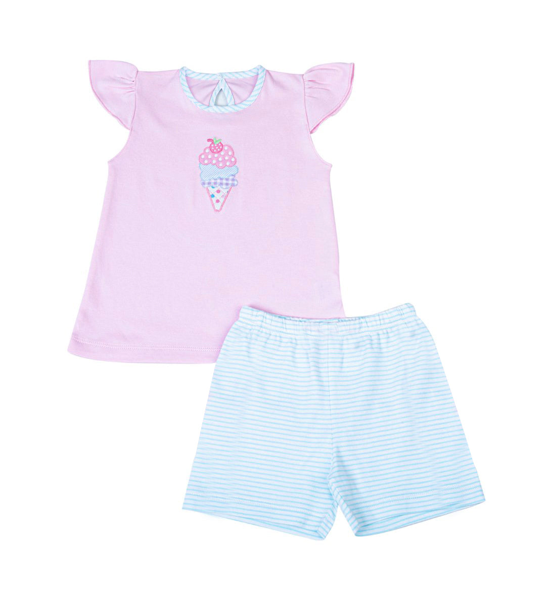 preorder GSSO2993 Ice Pink Flutter Sleeve Blue Striped Shorts Girls Set