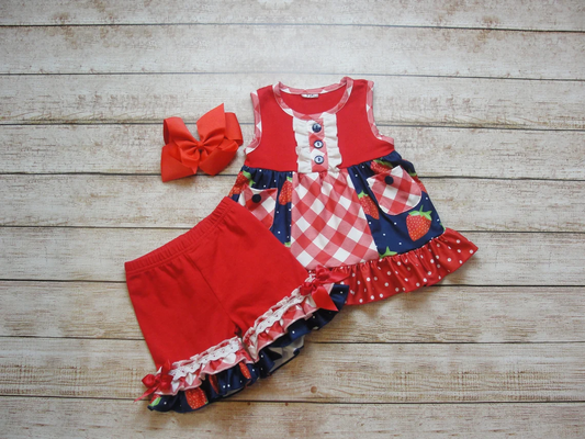 preorder GSSO2997 Strawberry Red Sleeveless Shorts Girls Set
