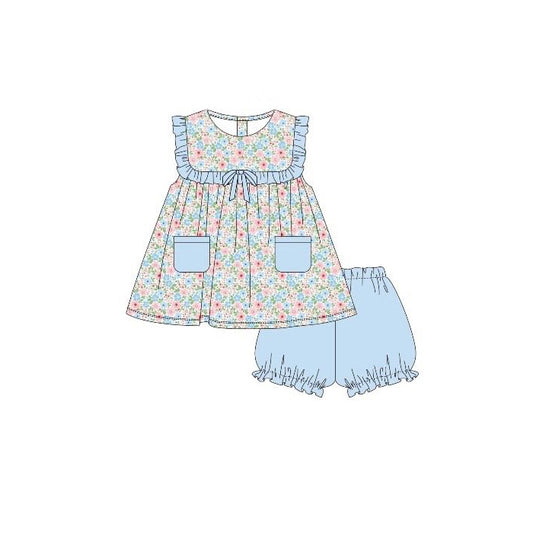 preorder GSSO3000 Colorful Flowers Floral Pocket Sleeveless Blue Shorts Girls Set