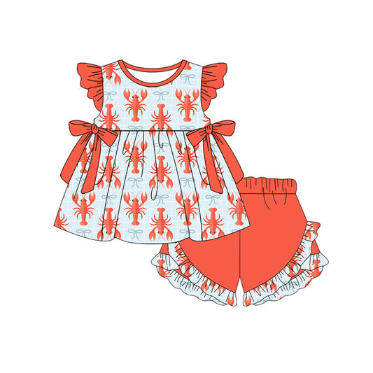 preorder GSSO3001 Crayfish Bows Flutter Sleeve Red Shorts Girls Set