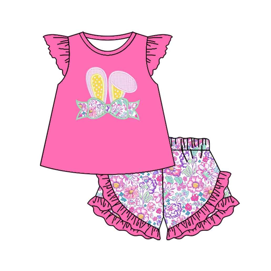 preorder GSSO3003 Easter Bow Rabbit Hot Pink Flutter Sleeve Flowers Shorts Girls Set