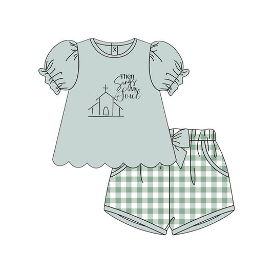 preorder GSSO3004 Easter Them Sings My Love Short Sleeve Checkered Shorts Girls Set