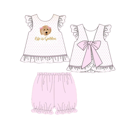 preorder GSSO3007 Like Is Golden Dog Dot Flutter Sleeve Pink Shorts Girls Set