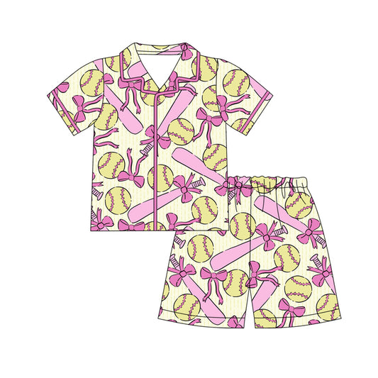 preorder GSSO3012 Baseball Hot Pink Bows Short Sleeve Shorts Girls Pajamas
