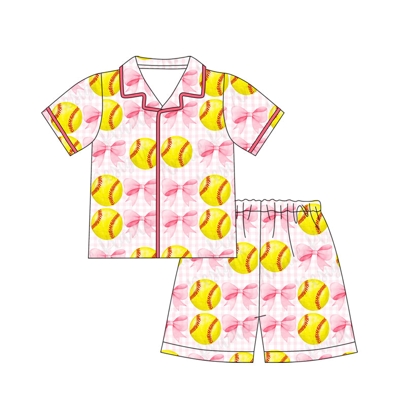 preorder GSSO3014 Baseball Bows Pink Short Sleeve Shorts Girls Pajamas