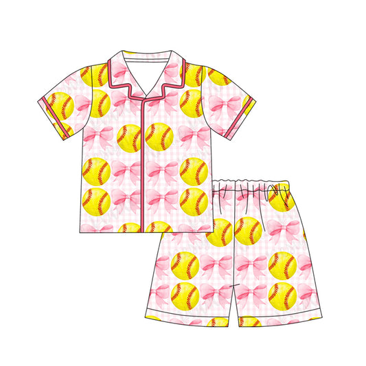 preorder GSSO3014 Baseball Bows Pink Short Sleeve Shorts Girls Pajamas