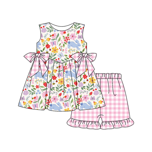 preorder GSSO3016 Easter Bunny Rabbit Flowers Sleeveless Pink Checkered Shorts Girls Set