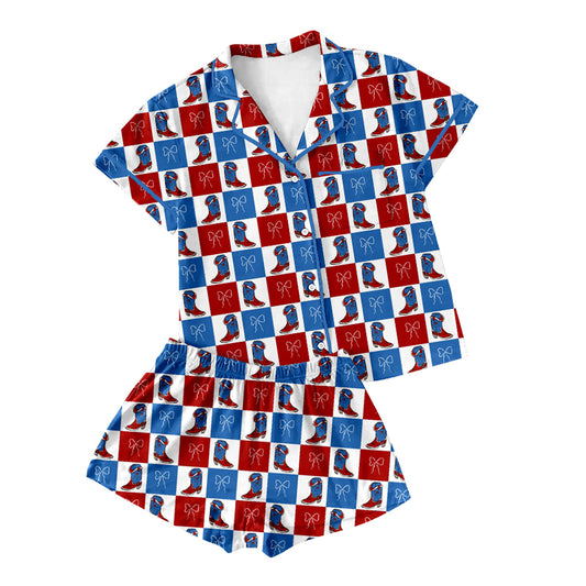 preorder GSSO3022 July 4th Western Boots Bows Red Blue Checkered Short Sleeve Shorts Girls Pajamas