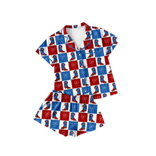preorder GSSO3023 July 4th Western Boots Bows Red Blue Bows Short Sleeve Shorts GIrls Pajamas