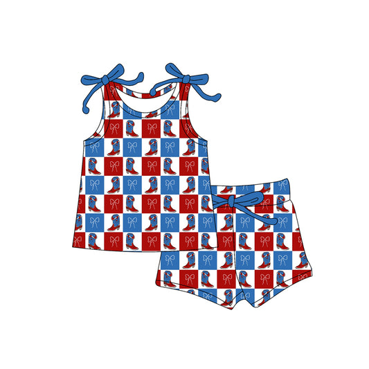 preorder GSSO3024 July 4th Western Boots Bows Red Blue Bows Shorts Girls Set