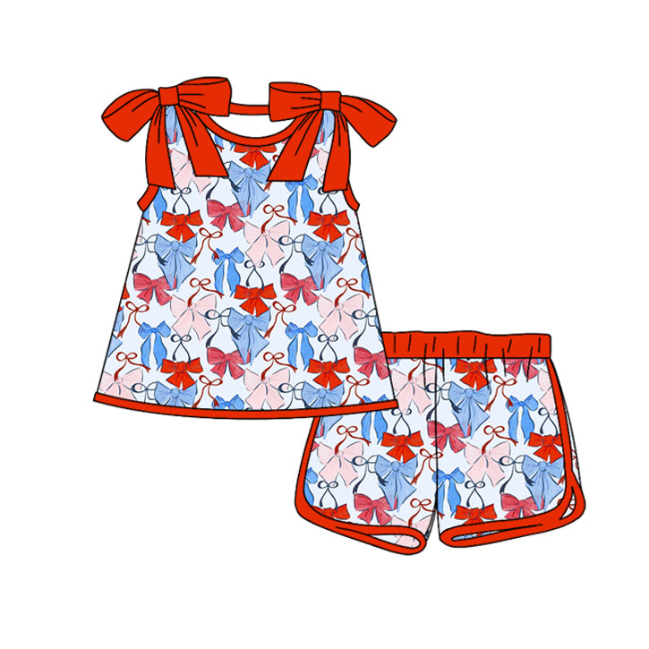 preorder GSSO3025 July 4th Red Blue Bows Sleeveless Shorts Girls Set
