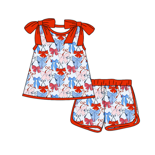 preorder GSSO3025 July 4th Red Blue Bows Sleeveless Shorts Girls Set