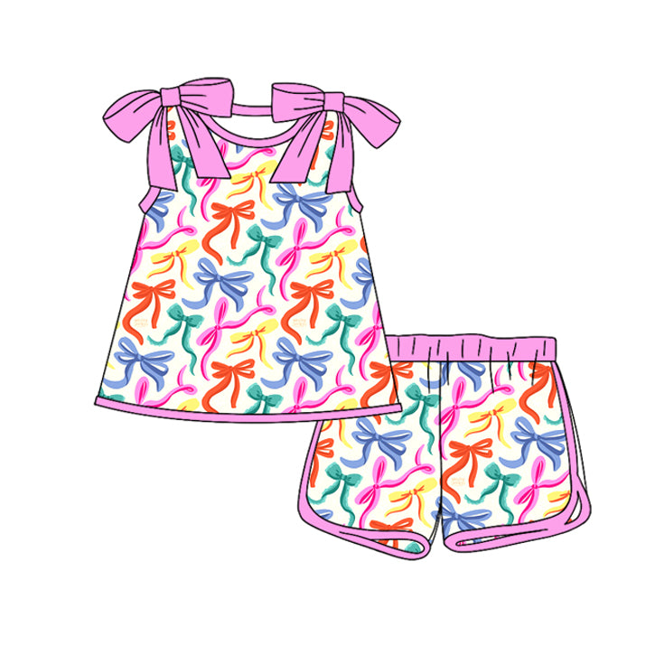 preorder GSSO3026 Colorful Bows Hot Pink Sleeveless Shorts Girls Set