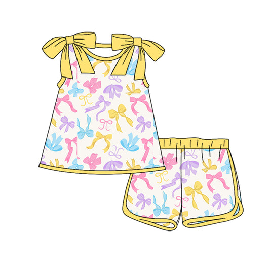preorder GSSO3027 Colorful Bows Yellow Sleeveless Shorts Girls Set
