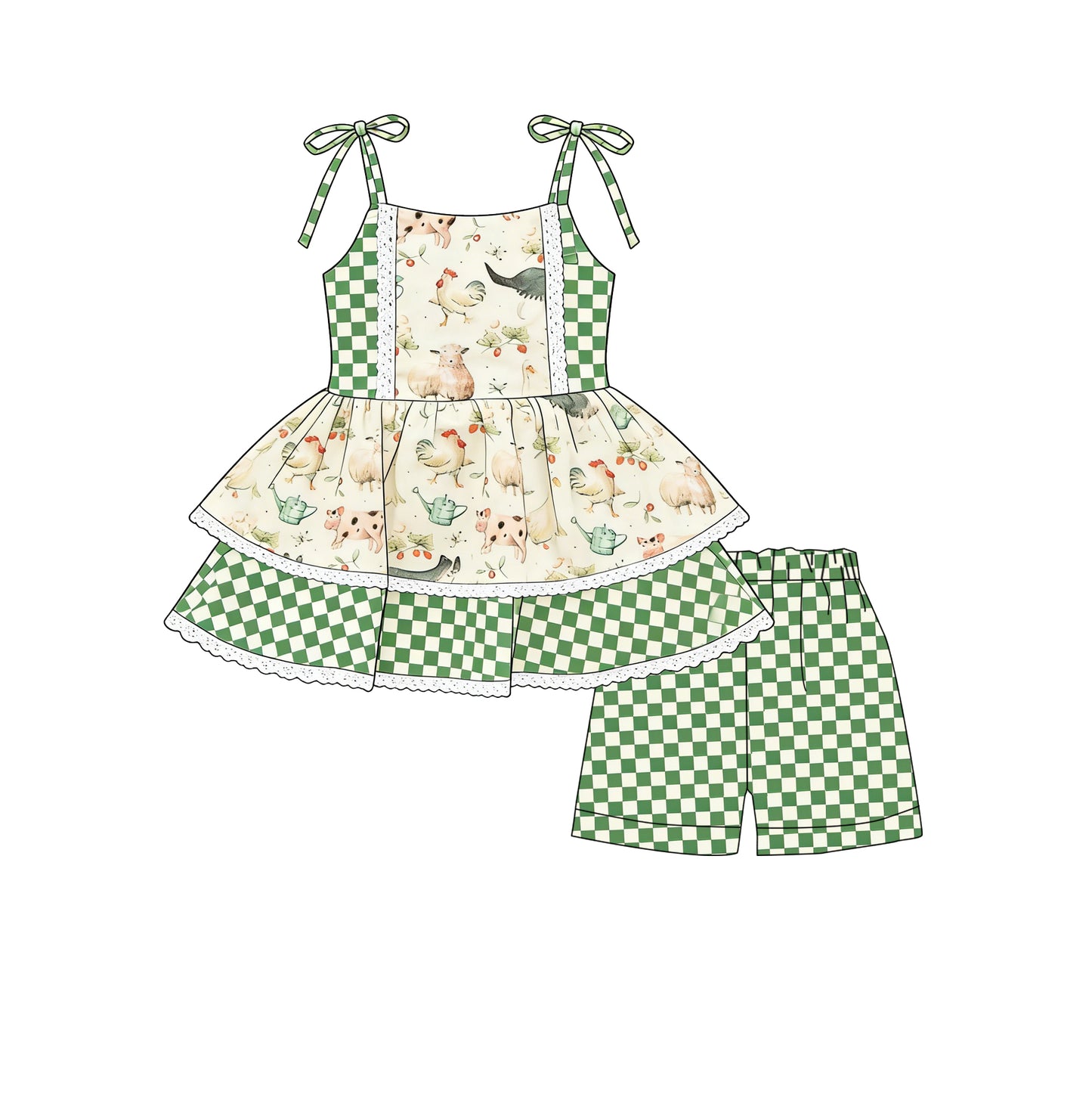 preorder GSSO3037 Chick Green Checkered Shorts Girls Set
