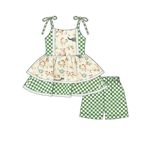 preorder GSSO3037 Chick Green Checkered Shorts Girls Set