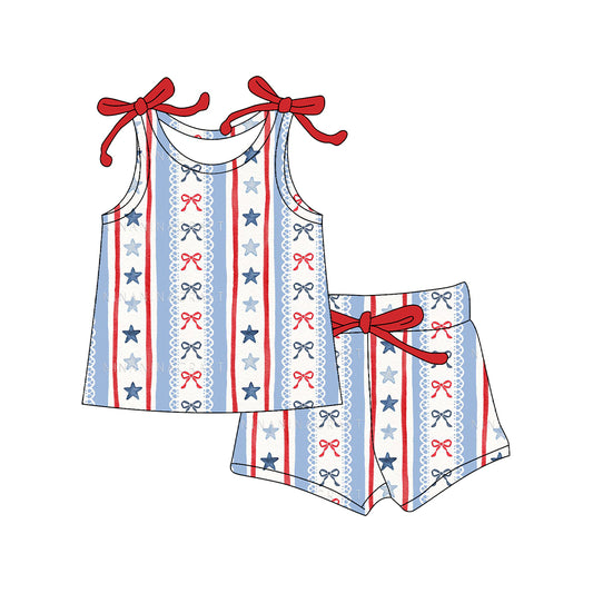 preorder GSSO3038 July 4th Bows Star Blue Sleeveless Shorts Girls Set