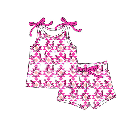 preorder GSSO3039 Western Aztec Horse Shoe Hot Pink Sleeveless Shorts Girls Set