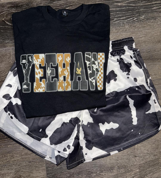 preorder GSSO3040 Western Yee Haw Black Short Sleeve Cow Print Shorts Adult Women Set