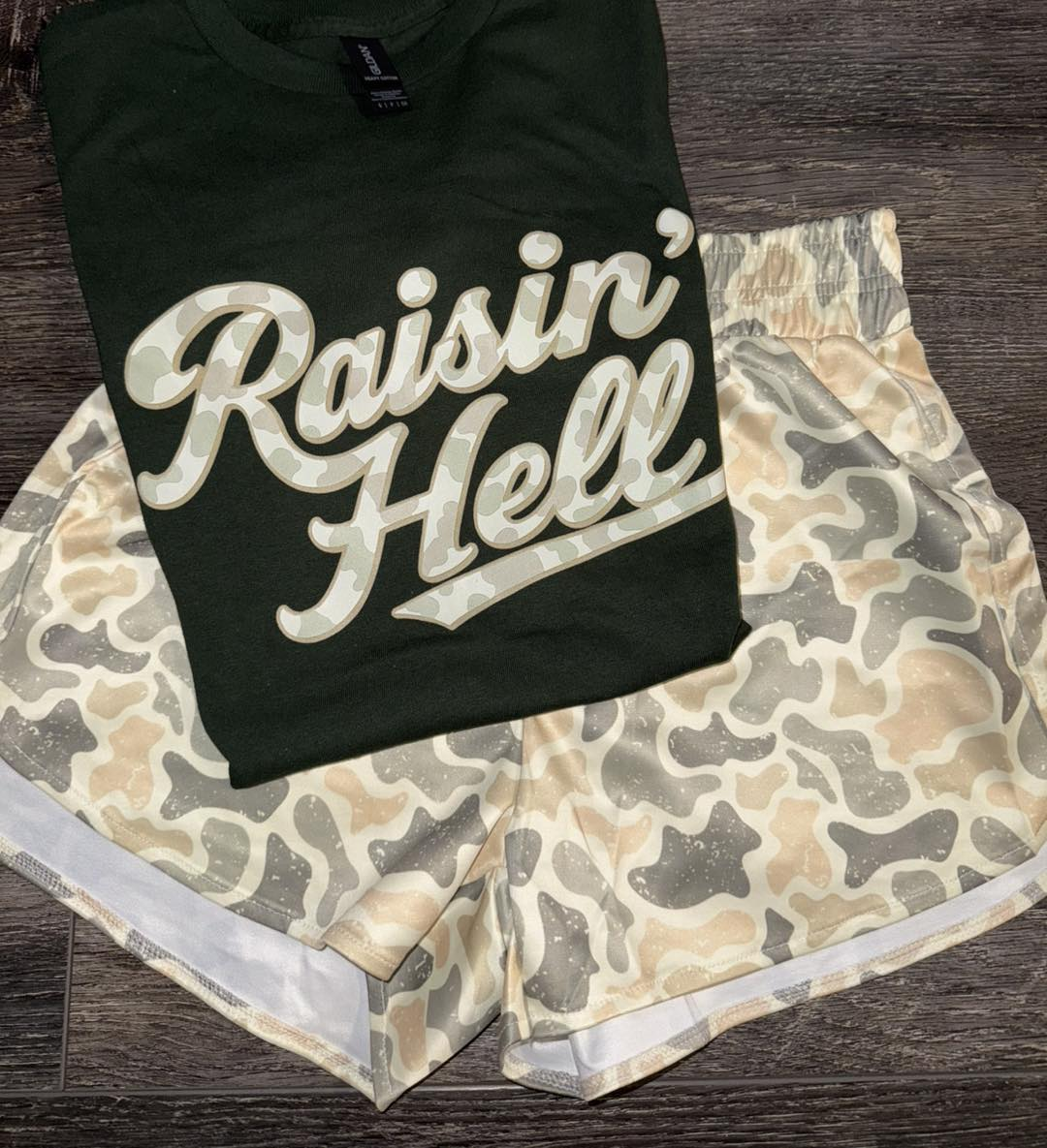 preorder GSSO3041 Raisin Hell Black Short Sleeve Camo Shorts Adult Women Set