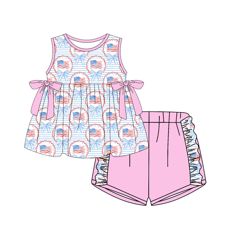 preorder GSSO3046 July 4th Flag Bows Sleeveless Pink Shorts Girls Set