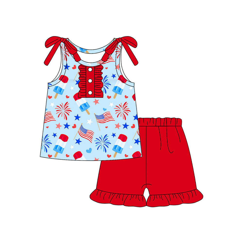 preorder GSSO3047 July 4th Ice Firework Sleeveless Red Shorts Girls Set
