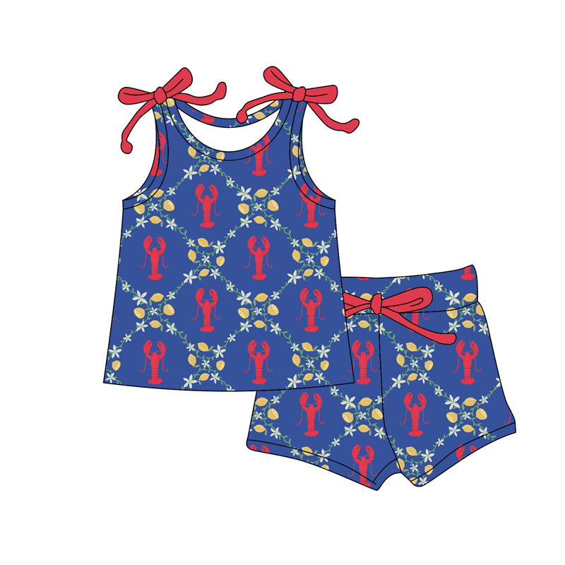 preorder GSSO3048 Crayfish Flowers Blue Sleeveless Shorts Girls Set