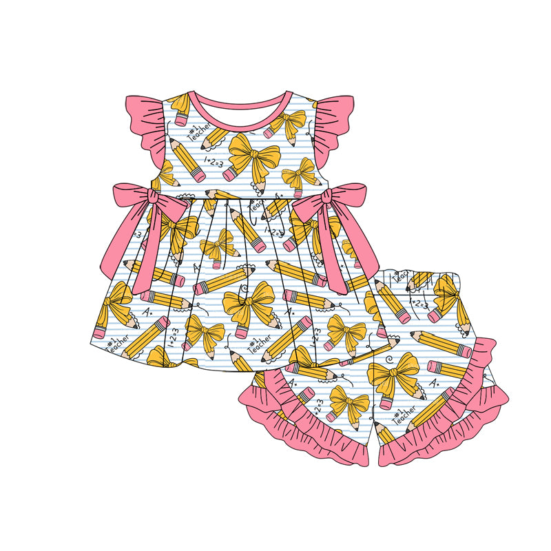 preorder GSSO3049 Back To School Pen Bows Pink Flutter Sleeve Shorts Girls Set